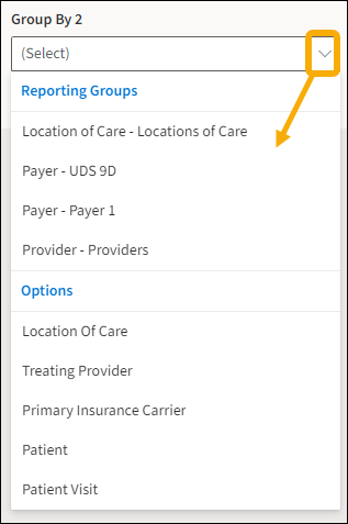 Group by 2 filter option with yellow highlight box around the drop-down arrow with an arrow pointing downwards to the selection options.